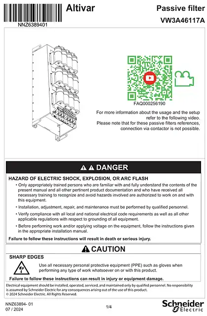 schneider施耐德Instruction Sheet_ Passive filter VW3A46117A